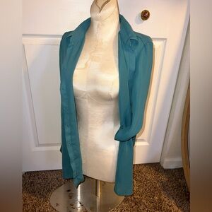 Teal Zara silky Button-Up Blouse flowy layering dusty blue classy preppy